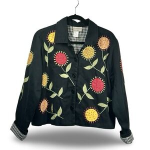 Coldwater Creek Vintage Embroidered Cropped Jacket Size Large Floral Boho Beads